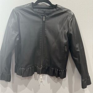 Stoosh Black Leather Jacket with Ruffle Hem